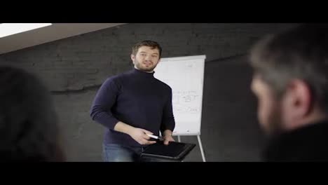 Handsome-young-businessman-pointing-at-flipchart-during-presentation-in-conference-room-and-holding-tablet.-Presentation-speech-with-flipchart-in-office.-Shot-in-4k