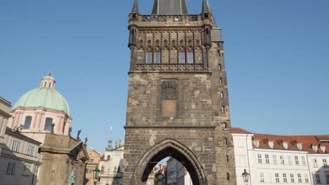 Old-Town-Bridge-Tower-is-gothic-monument-located-in-Charles-Bridge-in-Prague,-Czech-Republic