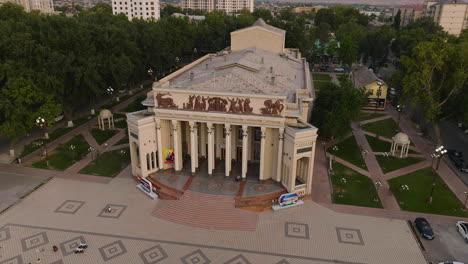 Architectural-Detail-Of-Music-And-Drama-Theatre-In-Khujand,-Tajikistan---aerial-drone-shot