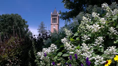 Iowa-State-University-Campanile-in-Ames,-Iowa-with-view-through-trees-stable-video-close-up