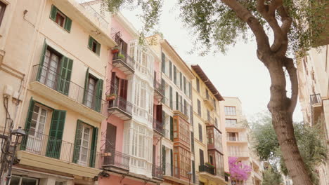 "The-façade-of-typical-old-houses-in-Palma-de-Mallorca,-showcasing-the-traditional-architecture-of-the-region