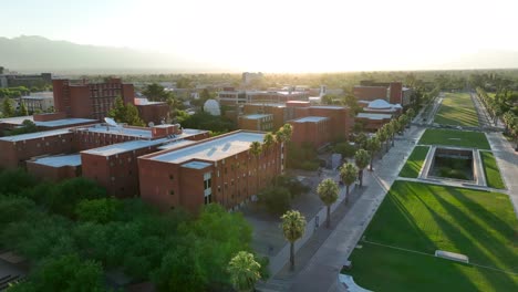 Cinematic-aerial-establishing-shot-of-academic-buildings-on-college-campus-of-University-of-Arizona