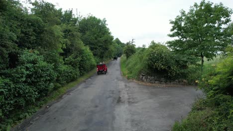 Ancient-Vintage-cars-drive-down-a-narrow-Irish-lane-in-Kildare-Ireland-on-a-classic-and-vintage-car-run-on-a-fine-summer-day