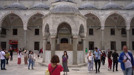Tourists-can-be-seen-holding-cameras-or-smartphones-to-capture-the-majestic-exterior-of-the-iconic-Blue-Mosque,-also-known-as-Sultan-Ahmed-Mosque,-in-Istanbul,-Turkey