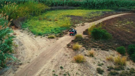 A-view-from-above,-follow-drone-shot-of-a-red-ATV-riding-on-a-dirt-path-in-a-forest-with-trees-and-green-field-around,-4K-video