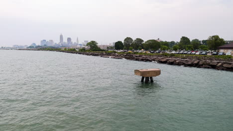 Concrete-Mooring-In-The-Water-Overlooking-The-Cleveland-Skyline-In-Ohio
