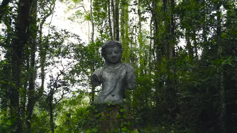 Buddha-Statue-Buddhism-Nature-Religion,-Spiritual-Place-in-the-Jungle,-Tropical-Rainforest-Holy-Place