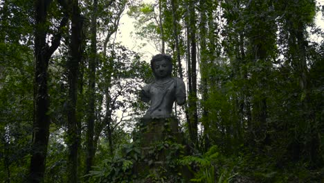Magischer-Verlorener-Religiöser-Ort-Mitten-Im-Dschungelwald,-Vergessene-Orte,-Buddha-Statue-Im-Dschungel