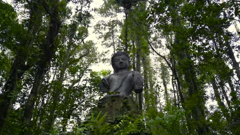 Buddha-Statue-in-the-Forest-surrounded-by-tall-Trees-in-the-Jungle