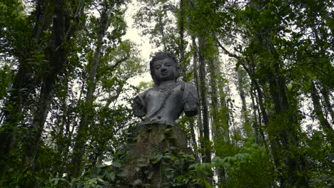 Holy-Buddhist-Place-surrounded-by-calm-Atmosphere,-Jungle-and-Trees,-Bodhisattva-Buddha-Statue