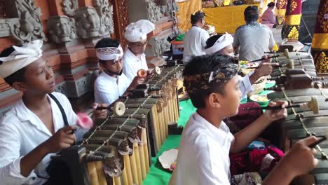 Los-Niños-Tocan-Música-Gamelan-Orquesta-Tradicional-Balinesa-En-El-Escenario-Del-Templo-De-Bali-Ceremonia-Religiosa-Hindú-En-Ropa-Blanca,-Indonesia-Sudeste-Asiático