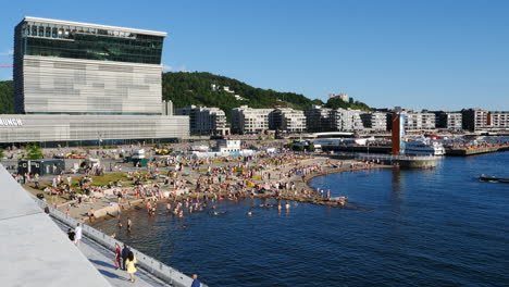 People-relaxing-at-small-beach-in-front-of-Munch-museum-in-Oslo,-Norway