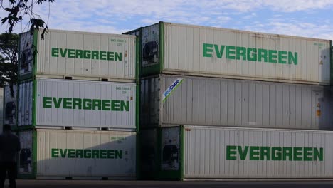 Shot-of-an-Evergreen-container-at-the-Tanjung-Priok-cargo-port,-Jakarta,-Indonesia