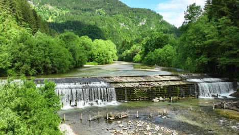 Logar-Valley-Savinja-River-Natural-Waterfall-Aerial-Drone-Panoramic-Slovenian-Travel-and-Tourism-Unpoluted-Paradise,-Water-Stream-Flowing