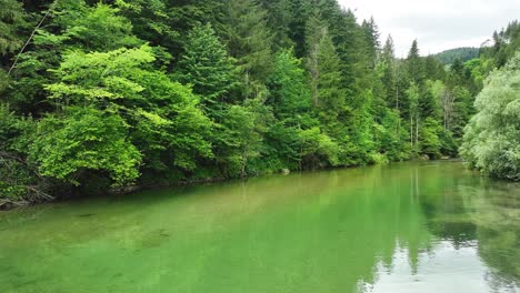 Panoramic-of-Logar-Valley-River-and-Forest,-Turquoise-Water-in-Slovenia-Relaxing-Landscape,-Travel-Destination,-Natural-Park