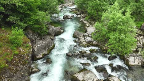 Water-River-Stream-Through-Stones,-Forest-of-Logar-Valley-Slovenia-Natural-Park,-Slow-Motion-Green-and-Blue-Atmosphere