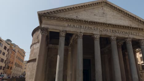 Cinematic-Panning-Shot-Reveals-Pantheon-in-Rome,-Italy-on-Beautiful-Summer-Day