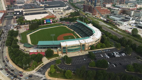 Aerial-View-of-Victory-Field-Stadium---Home-Field-For-The-Indianapolis-Indians-Baseball-Team-In-Indianapolis,-USA