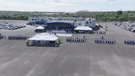 Panorama-wide-shot-of-military-ceremony-with-many-soldiers-in-the-tropics