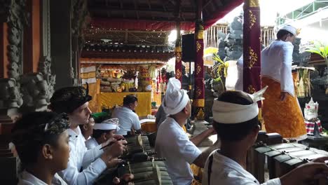 Traditional-Balinese-Music-Performance-of-Gamelan-At-Hindu-Temple-Ceremony-of-Tooth-Filling,-Bali-Indonesia,-Religious-Act