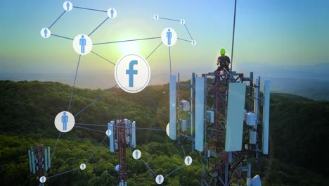 Luftdrohnenaufnahme-Von-Satelliten,-Die-Den-Facebook-Verkehr-über-Einen-Telekommunikationsturm-Mit-Futuristischen-Linien-Kommunizieren
