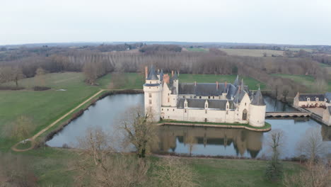 Aerial-drone-point-of-view-of-the-Chateau-du-Plessis-Bourre-in-the-Loire-Valley,-France