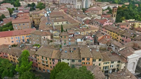 Aerial-of-the-town-of-Borgo-XX-Giugno-and-the-Convent-of-San-Domenico-,-Perugia,-Province-of-Perugia,-Italy