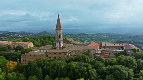 Aerial-of-the-Abbazia-di-San-Pietro-Benedictine-abbey-situated-in-Borgo-XX-Giugno,-Perugia,-Province-of-Perugia,-Italy