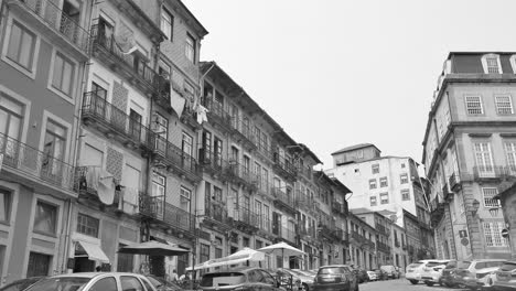 Black-and-white-video-of-the-historic-center-of-Porto,-Portugal
