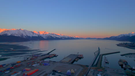 Aerial-view-of-the-mountains-at-sunset-in-Seward-Alaska