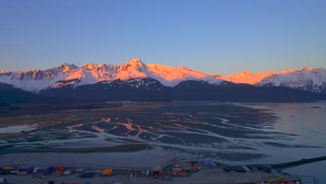 Aerial-drone-view-of-mountains-at-sunset-tin-Seward-Alaska