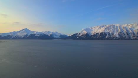 Beautiful-panoramic-aerial-view-of-the-mountains-at-sunrise-along-the-scenic-Seward-highway-in-Alaska