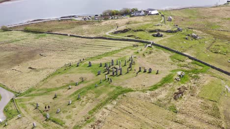 Drone-shot-dollying-forward-of-the-Callanish-Standing-Stones-on-the-Isle-of-Lewis,-part-of-the-Outer-Hebrides-of-Scotland