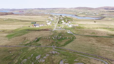 Wide-angle-drone-shot-of-the-Callanish-Standing-Stones-on-the-Isle-of-Lewis,-part-of-the-Outer-Hebrides-of-Scotland