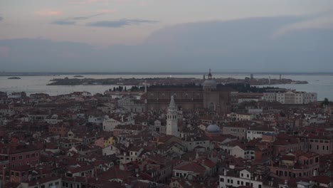 Aerial-panoramic-image-of-the-island-of-Venice,-with-soft-lighting,-taken-from-the-tower-of-St