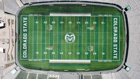 Top-down-aerial-shot-of-Colorado-State-University-football-field