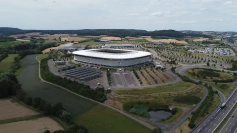 4K-cinematic-clip-over-the-PreZero-Arena-soccer-stadium,-TSG-1899-Hoffenheim's-at-Sinsheim