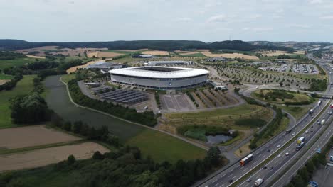 4K-cinematic-clip-over-the-PreZero-Arena-soccer-stadium,-TSG-1899-Hoffenheim's-at-Sinsheim-in-Germany