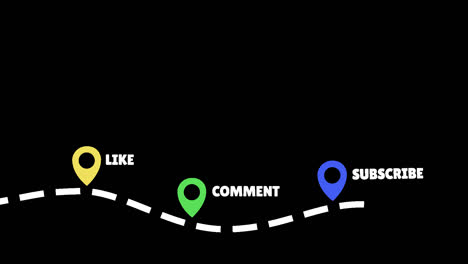 Fun-and-colorful-"Like-Comment-Subscribe"-animation-of-pin-locations-and-dotted-line-path-with-a-clear-background