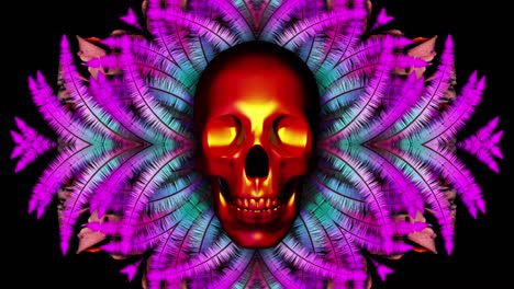 Animation-of-skull-on-colorful-lightning-leafs-background,-suitable-for-overlays,-reflecting-human-skull,-psychedelic-art-concept