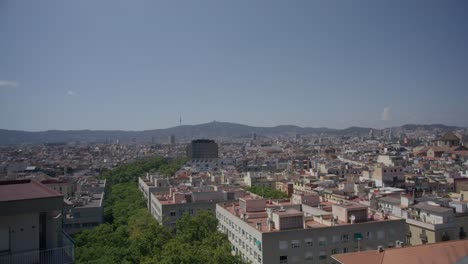Blick-Auf-Den-Wald-Auf-Dem-Gebäudevorsprung,-Überblick-über-Barcelona,-Spanien-Am-Frühen-Morgen,-Während-Vögel-In-6-Km-An-Der-Skyline-Der-Stadt-Entlangfliegen