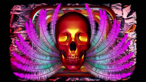 Animation-of-skull-on-colorful-lightning-leafs-background,-suitable-for-overlays,-reflecting-human-skull,-psychedelic-artsy-concept