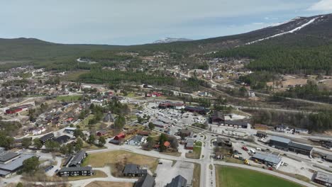 Dombaas-Norway---High-angle-aerial-view-of-town-centre-and-roads