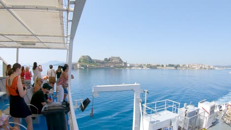 Inside-Ferry-Boat-View,-Departure-from-Corfu-Kerkyra-Greece,-Fortress-in-Background