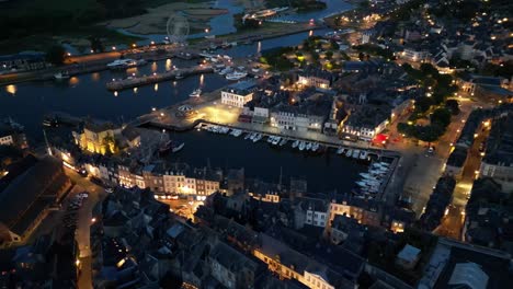 pull-back-drone-aerial-reverse-reveal-harbour-Honfleur-France-evening-drone-aerial