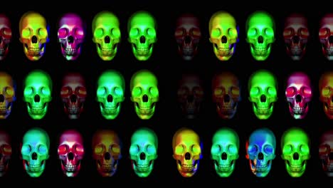 Animation-of-human-skulls,-sliding-and-blinking-horizontally-in-three-rows,-colorful-presentation,-dark-background-good-for-blending-with-alpha-matte-option