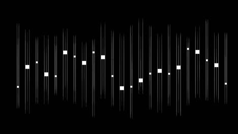 Animation-of-music-equalizers,-vertical-white-shape-bar-lines-on-black-background,-pulsating-and-moving-up-and-down,-overlay-video-suitable-for-alpha-matte-blending-option