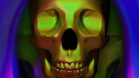 Animation-of-digital-human-skull-closing-up-and-multiply,-zooming-effect-of-reflecting-human-skull,-psychedelic-art-concept