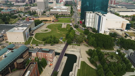 Aerial-Above-The-Central-Canal-And-White-River-State-Park-Near-Indiana-State-Museum-In-Indianapolis,-Indiana