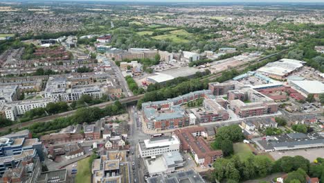 Drone,aerial-view-Chelmsford-city-Essex-UK-summer-train-line-in-background